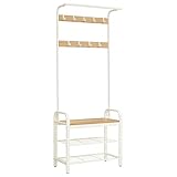 VASAGLE Garderobenständer, Garderobe, mit Schuhbank, 4-in-1 Design, 9 abnehmbare Haken, Kleiderstange, Eingangsbereich, Flur, 33,7 x 72 x 183 cm, modern, eichenfarben-weiß HSR40W