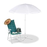 Relaxdays Sonnenschirm, Ø 160 cm, höhenverstellbar, knickbar, UV-Schutz, Polyester, Stahl, runder Strandschirm, weiß