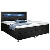 Supply24 since 2004 Designer Boxspring Bett Mailand mit Strasssteine LED Beleuchtung Federkern Matratze inklusive Topper Luxus Leder Polsterbett Lederbett Boxspringbett (180 x 200 cm, schwarz)