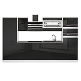 Belini Küchenzeile Küchenblock Mila - Küchenmöbel 300 cm Einbauküche Vollausstattung ohne Elektrogeräten mit Hängeschränke und Unterschränke, mit Arbeitsplatten, Schwarz Hochglanz