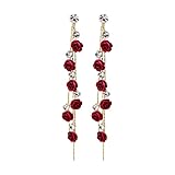 COTTNY Quaste Ohrringe Silber 925 hängend mit fransen, Glänzende Strass Elegante Dame Ohrringe Rose Blume Lange Quaste Anhänger Ohrringe Party Schmuck (Rot)