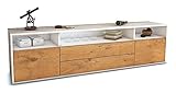 Stil.Zeit TV Schrank Lowboard - Andrew - Korpus Weiss matt - Front Holz-Design Eiche - (180x49x35cm) - Push to Open Technik & hochwertigen Leichtlaufschienen - Made in Germany