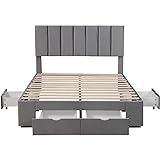 EVURU Grau Samt Polsterbett Mit Lattenrost, Doppelbett mit Rückenlehne Und 4 Schubladen für Erwachsene&Jugendliche (160 x 200 cm)