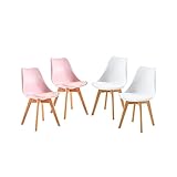 EGGREE 4er Set Esszimmerstühle mit Massivholz Buche Bein, Skandinavisch Design Gepolsterter Küchenstuhl Essstühle, 2er Weiß + 2er Rosa
