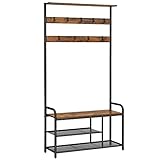 VASAGLE Garderobenständer, Garderobe, Kleiderständer 9 Haken, Schuhbank, Ablage, 30 x 85 x 180,5 cm, für Flur, Schlafzimmer, kleine Wohnungen, Industrie-Design, vintagebraun-schwarz HSR409B01