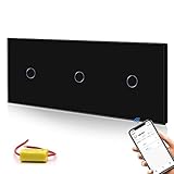 BSEED Smart Alexa Lichtschalter 1 Fach 1 Weg Dreifach WIFI Smart Lichtschalter Kompatibel mit Alexa,Google Home, Glas Touchscreen-schalter Schwarz 228mm (kein Neutralleiter benötigt)