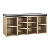 Juskys Schuhregal Holz mit Polsterung, Stoff & 10 Fächern höhenverstellbar 104x30x48 cm - Regal mit Sitzbank bis 150 kg - Holzoptik/Grau