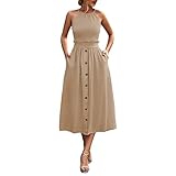 Générique Frauen Rücken Knopf Gürtel Taille Hängen Hals Kleid Sexy Rock Casual Strandkleid Mädchen, beige, Medium