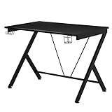 HOMCOM Gaming Tisch Schreibtisch mit Kopfhörerhaken Getränkehalterung Computertisch MDF Metall Schwarz 108 x 66 x 77 cm