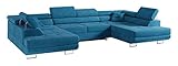 MKS Meble Ecksofa Wohnzimmer - Wohnlandschaft - U-Form Couch mit Schlaffunktion - Bettsofa - Wohnzimmer U Couch - Polstersofa mit Bettkasten - Gustaw U Blau Kronos