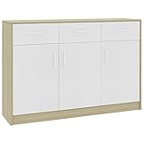 JUNZAI Sideboard, Kommode Schlafzimmer, Kommoden & Sideboards, Wohnzimmerschrank, Flur Kommode, Zimmer Möbel, Weiß und Sonoma-Eiche 110x30x75 cm Spanplatte