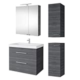 Planetmöbel Badset komplett aus Unterschrank 63cm mit Waschbecken, Spiegelschrank und 2X Midischrank in Anthrazit, Komplettset für Badezimmer 5-teilig