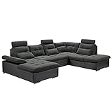 Kabs® Wohnlandschaft Jakarta III dunkelgrau Ottomane links U-Form mit Schlaffunktion 324 x 107 x 170 cm - moderne Couch mit Bettkasten, verstellbaren Armlehnen & Kopfstützen, Rücken echt, inkl. Kissen