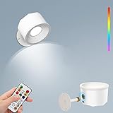 Auezona Led Wandleuchte Innen Batteriebetrieben Kabellose Dimmbar, 360° drehbare 3 Helligkeitsstufen 16 Farbmodi Weiß Wandlampe mit Fernbedienung für Schlafzimmer Wohnzimmer Flur