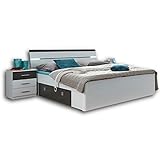 Stella Trading MARS Stilvolle Doppelbett Bettanlage 180 x 200 cm mit 2x Nachtkommoden - Schlafzimmer Komplett-Set in weiß / Lava-Optik - 216 x 97 x 185 cm (B/H/T)
