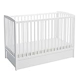 LCP Kids 2in1 Baby- und Kinderbett 120x60cm Weiss mit XL Bettkasten Schublade und Matratze, Umbaubar zum Juniorbett mit Rausfallschutz