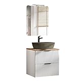 Lomadox Badezimmermöbel Set matt weiß gerillt mit Eiche, 60 cm Waschtisch-Unterschrank mit Keramik-Waschbecken, Spiegel mit LED