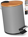 VMbathrooms 3L Kosmetikeimer in edlem grauem Design | Tretmülleimer mit Absenkautomatik (Soft Close) | Eleganter Eimer fürs Bad mit Innenbehälter und Bambus-Holzdeckel
