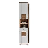 SPALT Badezimmer Hochschrank in Wildeiche Optik, Weiß matt - Badezimmerschrank Bad Schrank mit viel Stauraum - 38 x 190 x 30 cm (B/H/T)