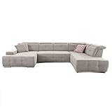 CAVADORE Wohnlandschaft Mistrel mit Ottomanen rechts / XXL-Sofa in U-Form / Inkl. Kopfteilverstellung / Couch mit aufwendiger Steppung / 343 x 77-93 x 228 / Kati Grau-Weiss