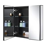Fundin Schwarzer Aluminium-Badezimmer-Spiegelschrank 61 x 61 cm für Unter- oder Aufputzmontage, mit Doppeltür und verstellbaren Einlegeböden.