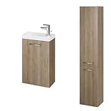 KOLMAN Badezimmer Badmöbel Set Lara Como Nussbaum 40cm Waschtischunterschrank Keramik & Hochhängeschrank 150cm mit 2-Türen