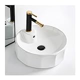 Bathroom Sink/Waschbecken Bad Rundes Waschbecken aus weißer Keramik mit Ablauf und Wasserhahn, Waschbecken über der Theke, Waschbecken aus Keramik, Waschbecken aus Keramik, Aufsatzwaschbecken Badwasch