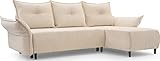 WFL GROUP Ecksofa - Samt Schlafsofa mit Bettkasten - 3 Sitzer Sofa - Couch mit Schlaffunktion Bettfunktion L-Form mit Ottomane - Rechts - Hell Beige