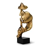 greafy Gold Deko Skulptur Silence - Abstraktes Gesicht Schweigen ist Gold Statue aus Harz Figur Denker auf schwarzem Sockel als Wohnzimmer Deko modern, Dekofigur für Schlafzimmer & Büro, 27cm Hoch