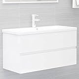 WC-Schminktisch, Waschtischschrank, Spanplatte, Weiß, glänzend, 90 x 38,5 x 45 cm, mit Schublade + geräumiger Raum, elegantes Design, vielseitig verwendbar für Badezimmer
