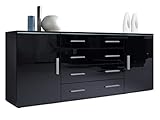 Vladon Sideboard Faro V2, Kommode mit 2 Türen und 4 Schubladen, Schwarz matt/Schwarz Hochglanz (166 x 72 x 35 cm)