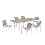 NATERIAL - Gartenmöbel Set für 6 Personen - Gartentisch SAN Diego 156/220x90x74 cm - Ausziehtisch - 6 Gartenstühle SAN Diego mit Armlehnen - Stapelbar - Sitzgruppe - Aluminium - Eukalyptus - Weiß