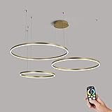 JFHDSF 65W Pendelleuchte Kronleuchter Wohnzimmer Dimmbar mit Fernbedienung LED Modern Kreativ Pendellampe Ring Rund 3-flammig Gold Aluminium Acryl Deckenleuchte Esszimmer Hängelampe Schlafzimmer