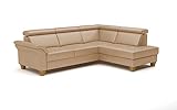 CAVADORE Leder-Schlafsofa Ammerland mit Ottomane / Landhaus-Sofa mit Federkern, Bett, Bettkasten + Kopfteilverstellung / 245 x 84 x 194 / Leder Beige