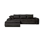 lifestyle4living Ecksofa mit Schlaffunktion und Bettkasten in Schwarz | Gemütliches Mikrofaser L-Sofa im Vintage-Look mit Stauraum inkl. 4 Rückenkissen