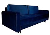 Schlafsofa mit Bettkasten 191x61 cm (Liegefläche 195 x 145 cm) – mit Armlehnen, Zwei Kissen – Stoff: Velour, Farbe Blau – Sofa 3 Sitzer, leicht abwischbar, für Wohnzimmer/Gästezimmer