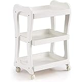 Portable Beauty Trolley 3-Tier Bar Cart Multifunction Rolling Cart Wooden Kitchen Island Serving Wine Cart Utility Trolley with Wheels Durable (White)