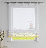 CORLIF Raffrollo mit Schlaufen Modern Raffgardine Küche Schlaufenrollo Leinenoptik mit Blumen Stickerei Transparente Rollo Landhaus Kurz Fenster Schal B/H 140/150 cm Gelb