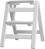 OUYOXI Trittleiter, 2 Stufenhocker, robust, Holz, stabil, breites Pedal, Tritthocker, klappbar, leicht, rutschfest, tragbar und zusammenklappbar, Küchen-Tritthocker (weiß R)