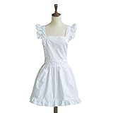 Lllunimon Petite Mädchen-Retro Rüschen Schürze Fantasie nett Cotton Rüschen Kochen Einfarbig Schürzen mit Taschen,Weiß