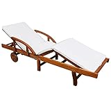 Hommdiy Gartenliege Holz Liege Sonnenliege mit Rädern mit Ausziehtisch und Armlehnen Inklusive Weiß Sitzpolster 200 x 68 x 30-83 cm (L x B x H)