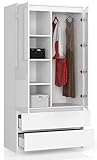 BDW Kleiderschrank mit 2 Türen und 4 Einlegeböden - Kleiderbügel - 2 Schubladen - Oberfläche Glanz - Kleiderschrank für das Schlafzimmer Wohnzimmer Diele - 180x90x51cm - Weiß