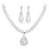 TOFBS Perlen Schmuckset für Damen Mädchen Perlen Anhänger Halskette Ohrringe Set Perlenkette Weiß Perlen Ketten Perlenohrringe Brautschmuck Set Hochzeit Engagement Party (#2)