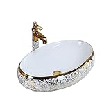 Waschbecken Handwaschbecken Ovale Keramik im europäischen Stil über Counter-Badezimmer-Schiffs-Waschbecken Luxusgold-Porzellan-Arbeitsplatte Bowl-Waschtisch-Waschzügel-Waschbecken Aufsatzwaschbecken (