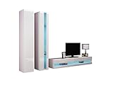 Wohnwand Vigo New V Anbauwand, Design Mediawand, Modernes Wohnzimmer Set, Hängeschrank TV Lowboard, Vitrine (ohne Beleuchtung, Weiß/Weiß Hochglanz)