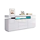 UNDRANDED 160cm LED Beleuchtung Kommode Sideboard Fernsehtisch Unterschrank Anrichte Kommode Hochglanz&Holz mit 2 Türen 3 Schublade (Weiße Mischung Schwarz)