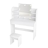 SUNXURY Schminktisch mit Beleuchtung und Hocker Kommode Frisiertisch modern Weiß Kosmetiktisch 108x40x140cm Schminktisch mit Spiegel Make Up Tisch