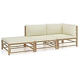 BULANED 3-TLG. Garten-Lounge-Set mit Cremeweißen Kissen, Gartenlounge, Balkon Möbel, Terrassenmöbel, Lounge Gartenmöbel Set, Loungemöbel Terrasse, Balkon Lounge, Bambus