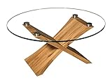 Mali-K118-B tischdesign24 *Werksverkauf* Moderner Glas-Couchtisch rund mit 12mm Glasplatte und modernem Kreuzgestell in Massivholz-Ausführung. Klarglas mit Wildeiche Höhe: 46cm Größe: 90cm Rund