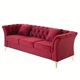 kevinplus 3-Sitzer Sofa Chesterfield 215x 78x 76 cm Extravagantes Samt Wein Design 3er Couch Stoffsofa mit golden Metall Beine, Armlehnen Loungesofa modern Schlafsofa für Wohnzimmer Büro Gästezimmer